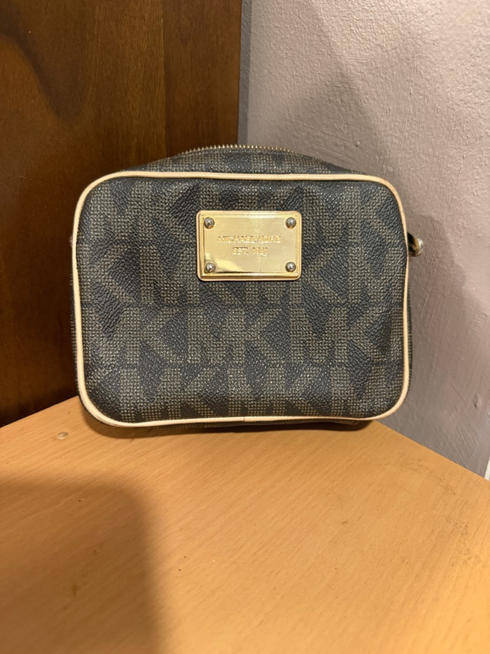 Michael Kors Monogram Camera Crossbody in Black and Cream